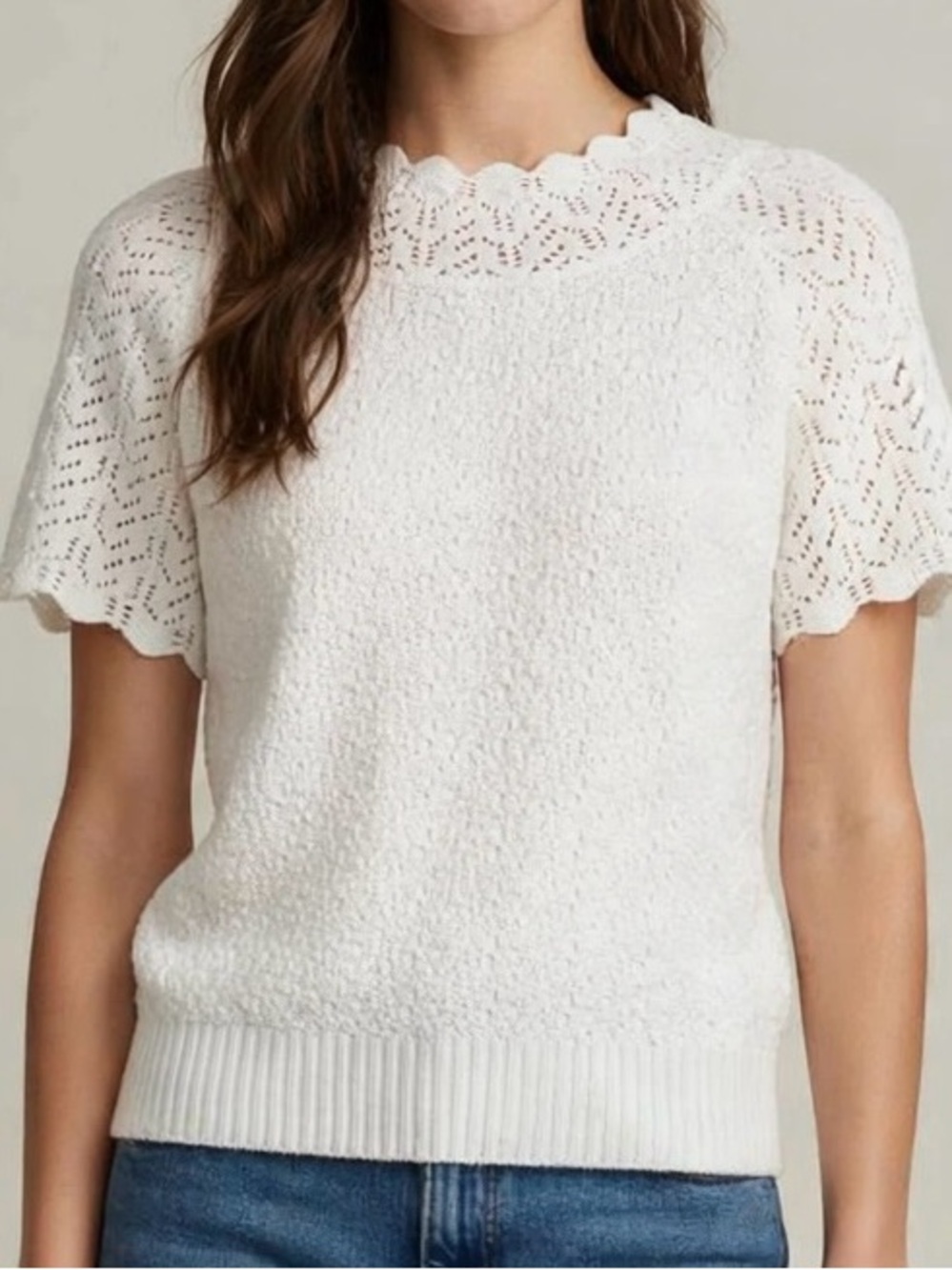 Scalloped Lace Sleeve Knit Top — White